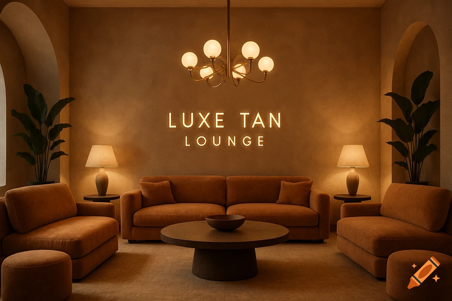 Interior view of a warm-toned lounge with sofa, chairs, plants, and a 'Luxe Tan Lounge' neon sign.