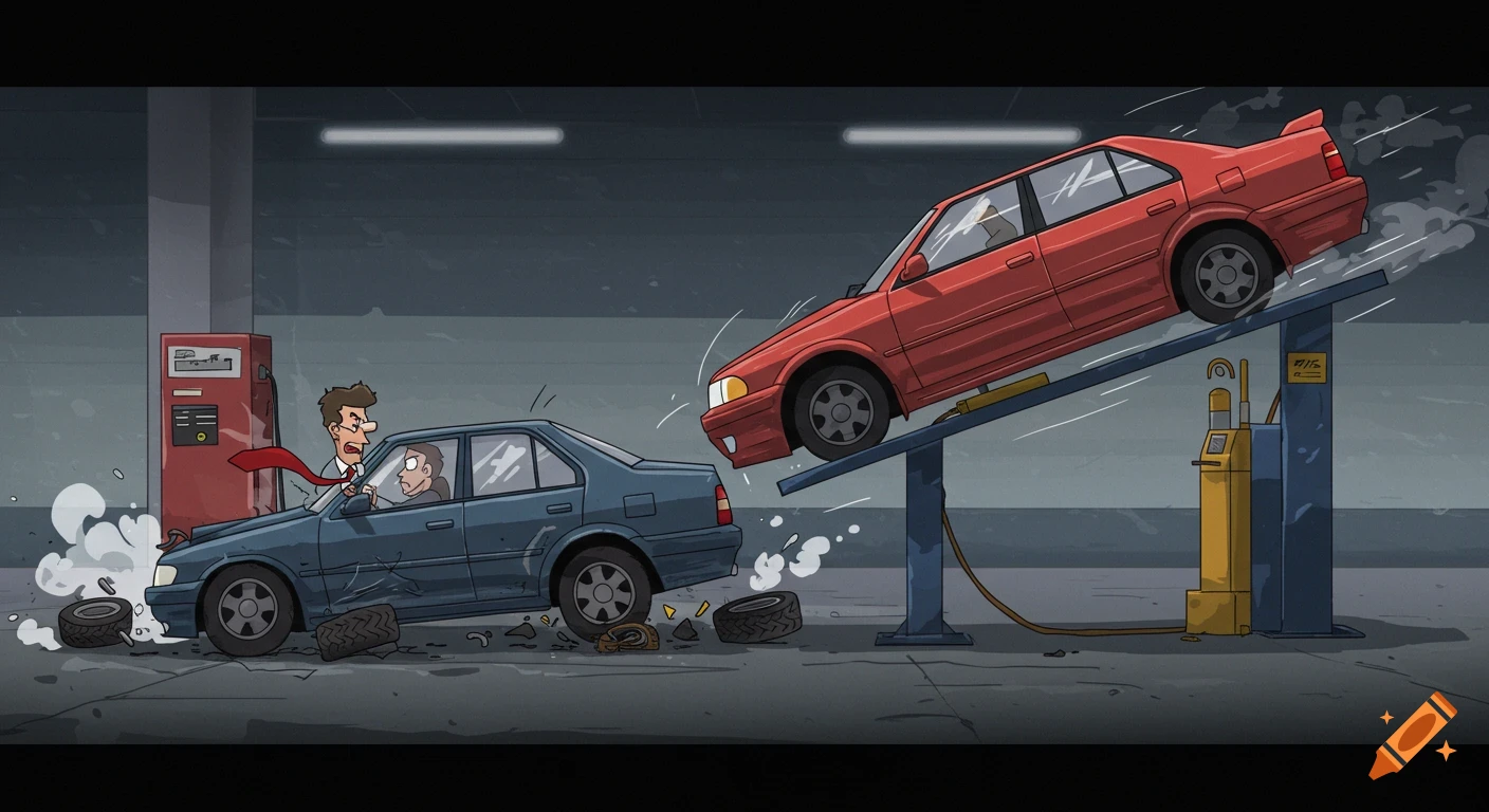 Cartoon illustration of a car crash in a garage.