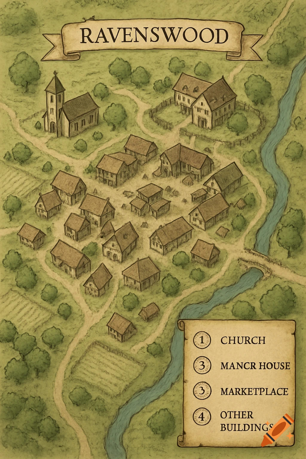 Hand-drawn style map of a fantasy or medieval village with river, roads, buildings, and a legend.