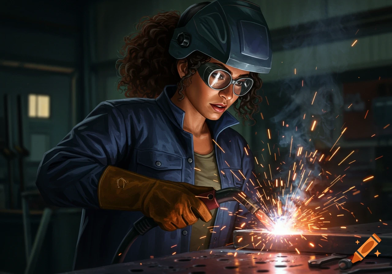 Digital illustration of a woman in a welding mask and gloves, welding metal with sparks flying.