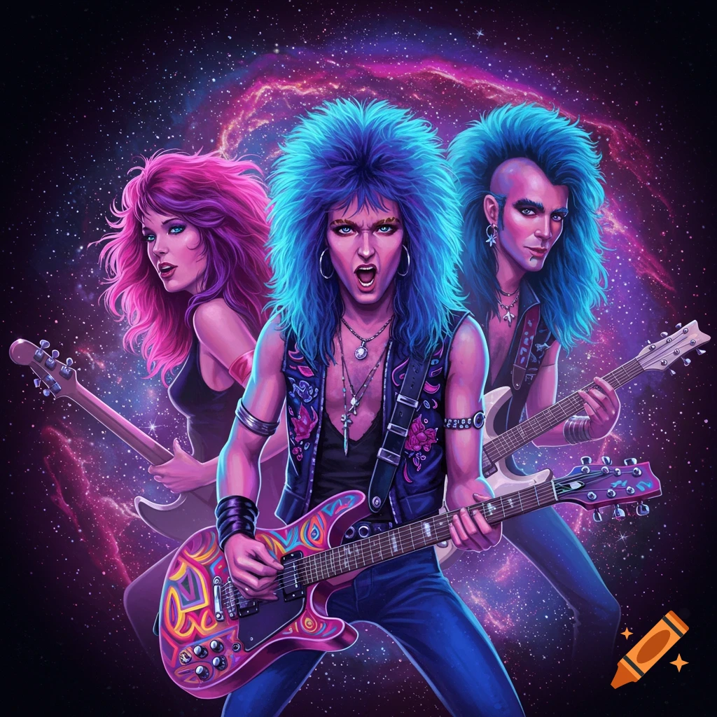 Colorful illustration of a hair metal band with electric guitars playing in front of a starry space background.