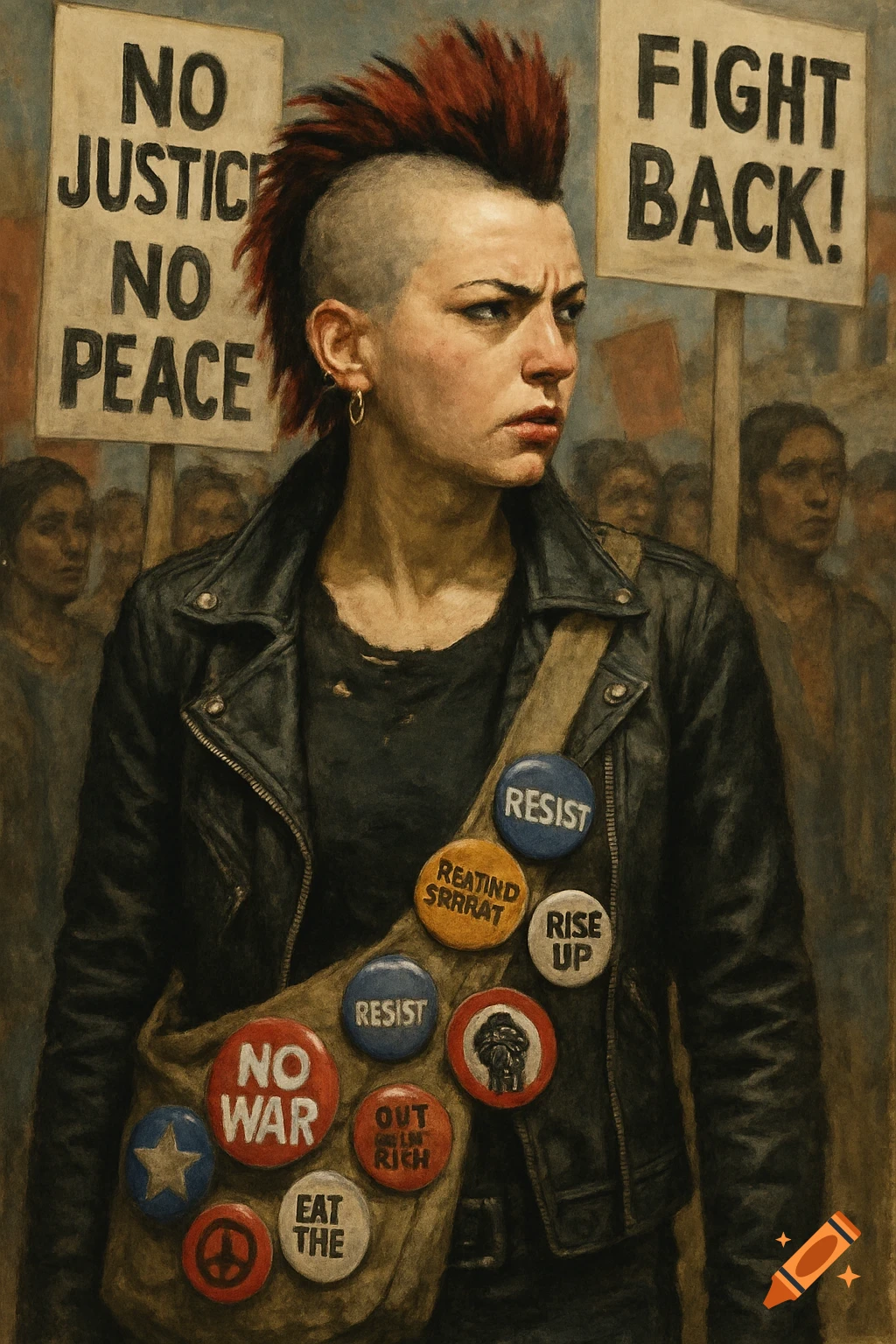 A painting of a punk woman with a mohawk at a protest, wearing a ...