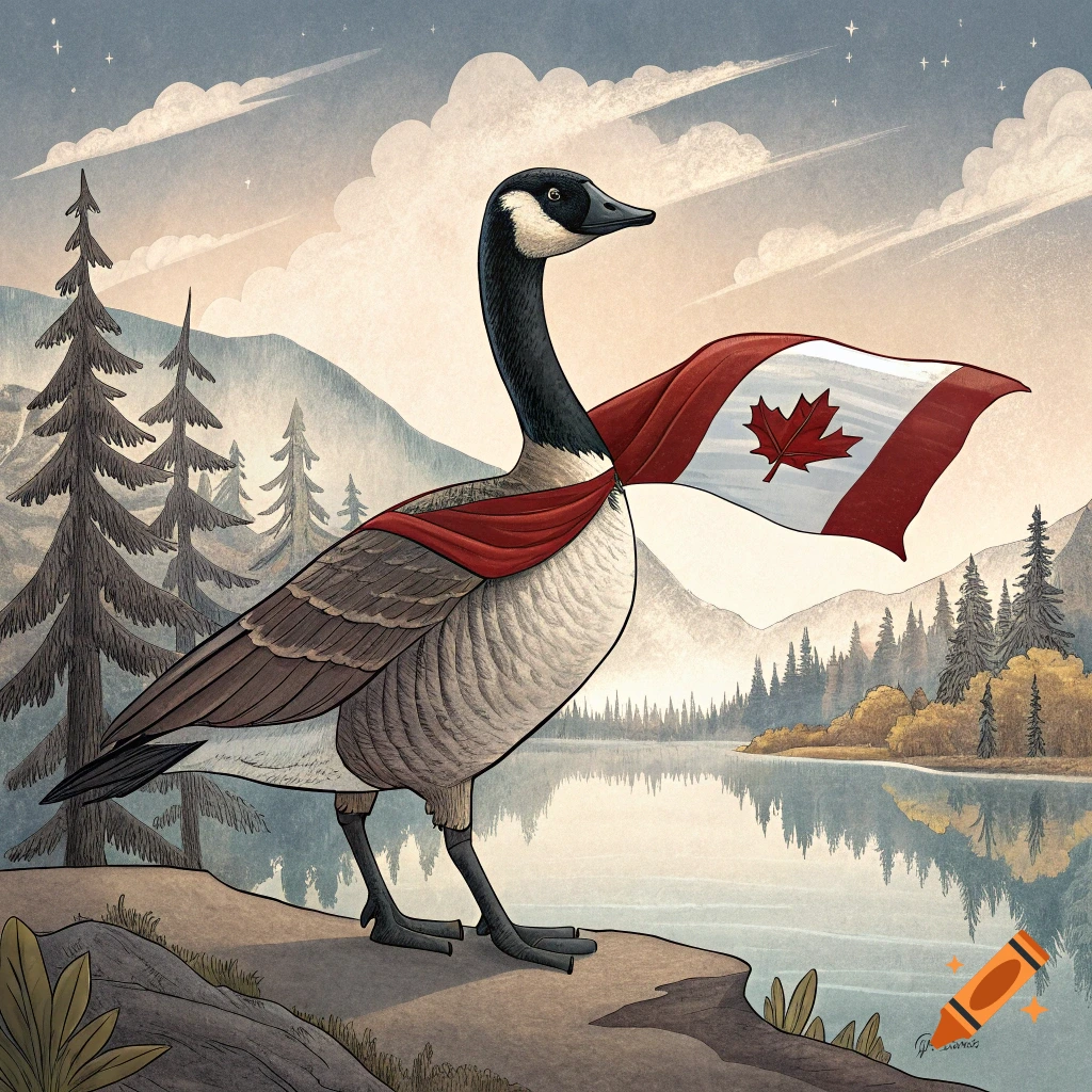 A Canada goose wearing a Canadian flag as a cape stands in a landscape.