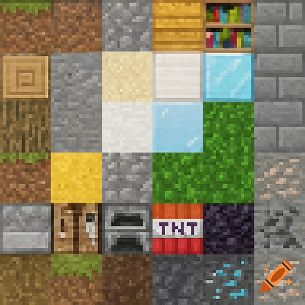 Grid of pixelated Minecraft block textures including dirt, stone, wood, grass, sand, ice, TNT, and ore.