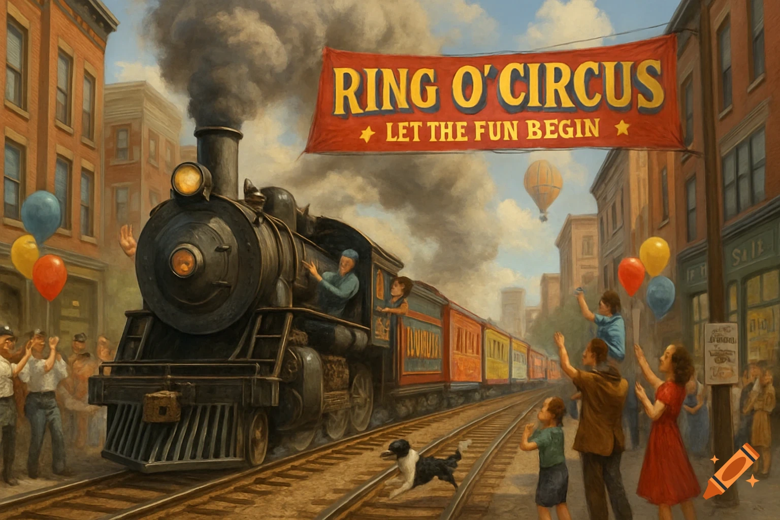 A vintage circus train arrives in a city, with people waving, balloons, and a banner.