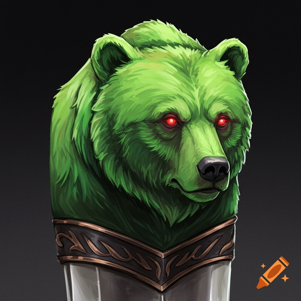 Illustration of a green bear head with red eyes on a sword pommel.