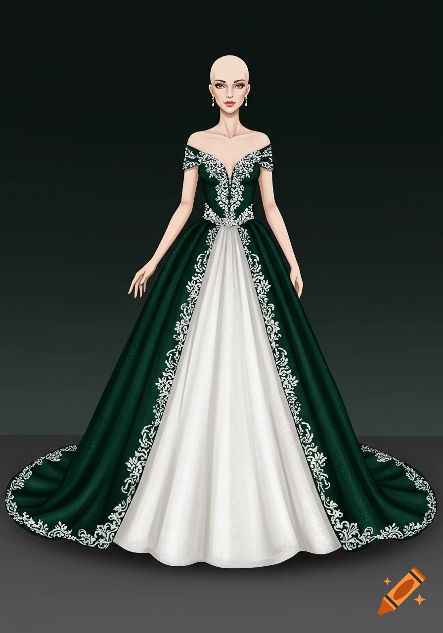 A drawing of a woman in a dark green and white off-shoulder gown with elaborate embroidery.