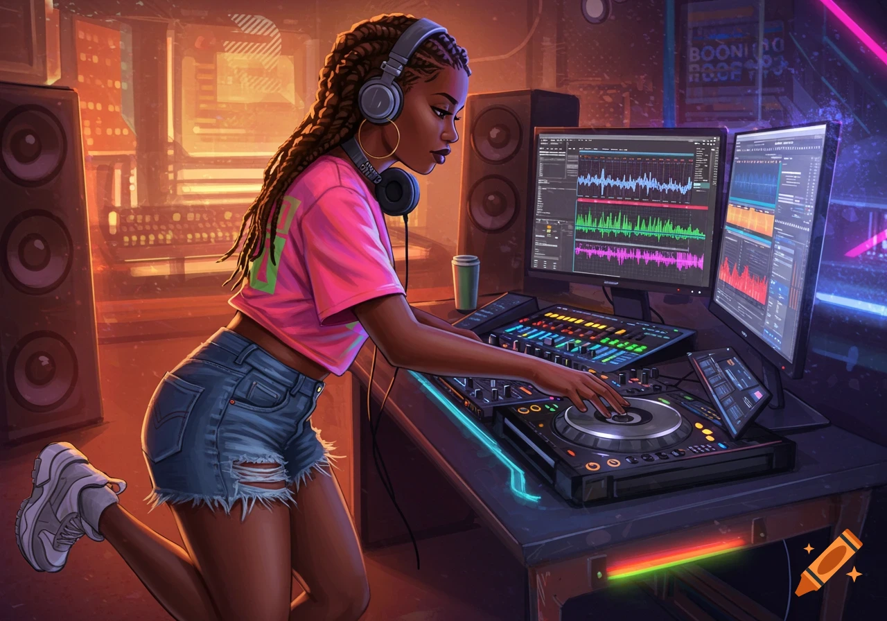 Digital art illustration of a woman DJing with headphones in a studio with monitors and speakers.