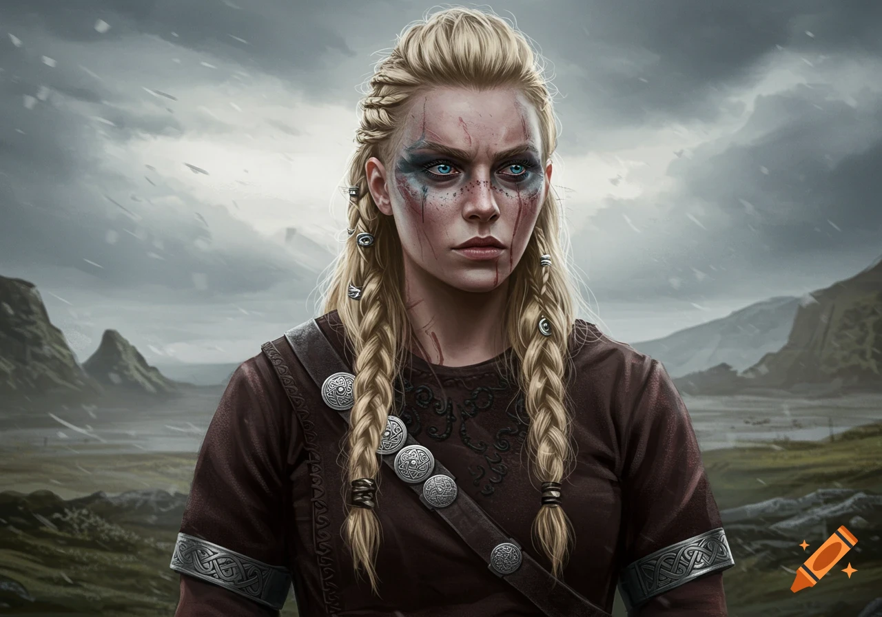 Portrait of a Viking woman with braided blonde hair, face paint, and a weathered expression against a cloudy sky.