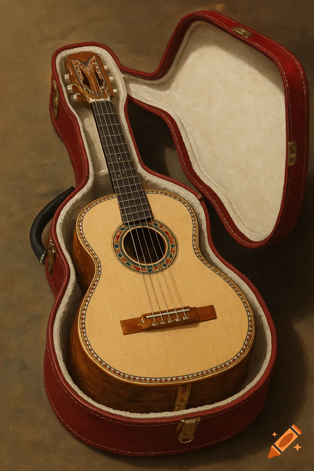 A vihuela instrument rests in a red and white lined hard case.