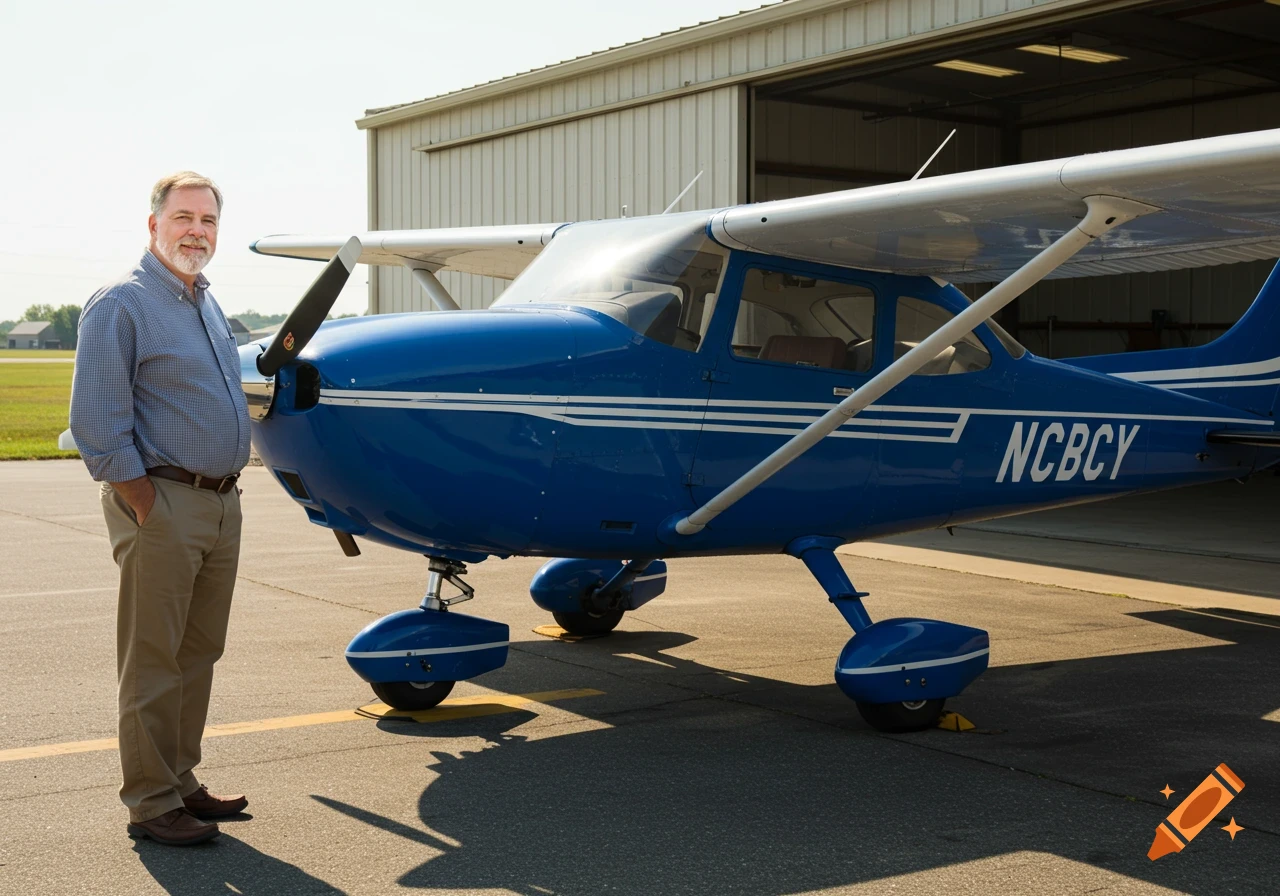 A man stands next to a blue and white airplane parked outside a hangar.