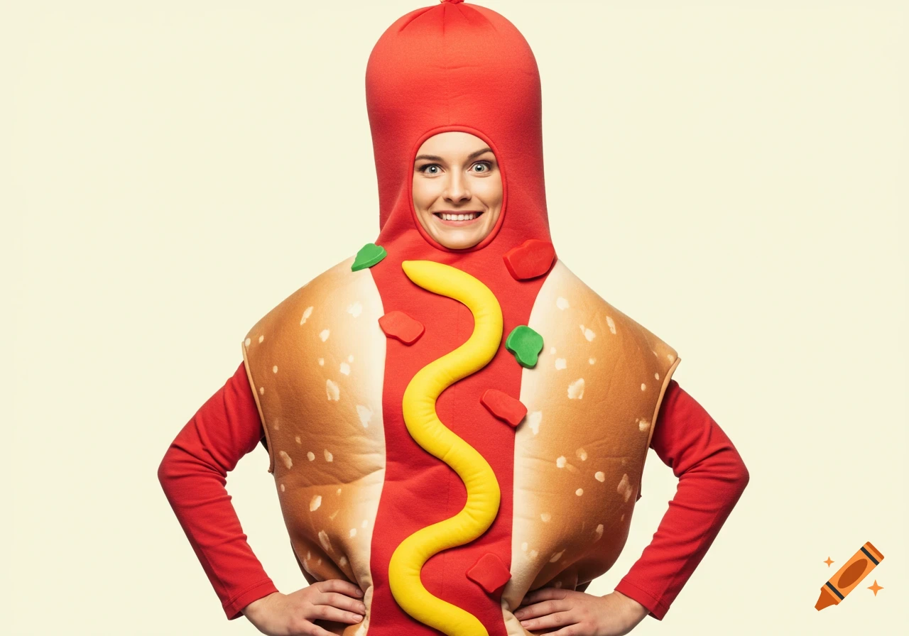 A woman in a hot dog costume smiles at the camera.