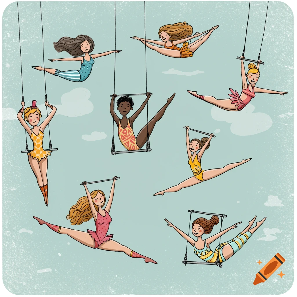 Hand-drawn illustration of diverse flying trapeze artists performing acrobatics in the air.