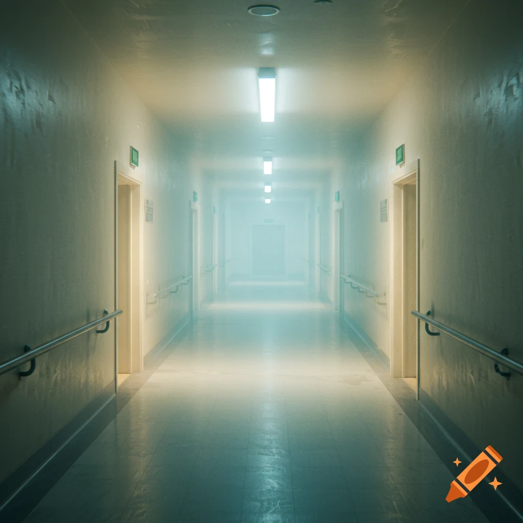 Long, hazy hallway with overhead lights and doors