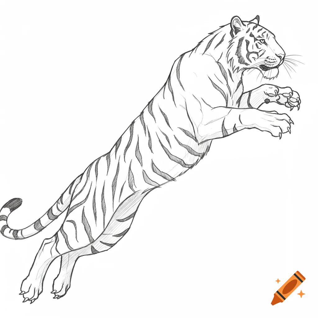 Pencil outline sketch of a tiger jumping.