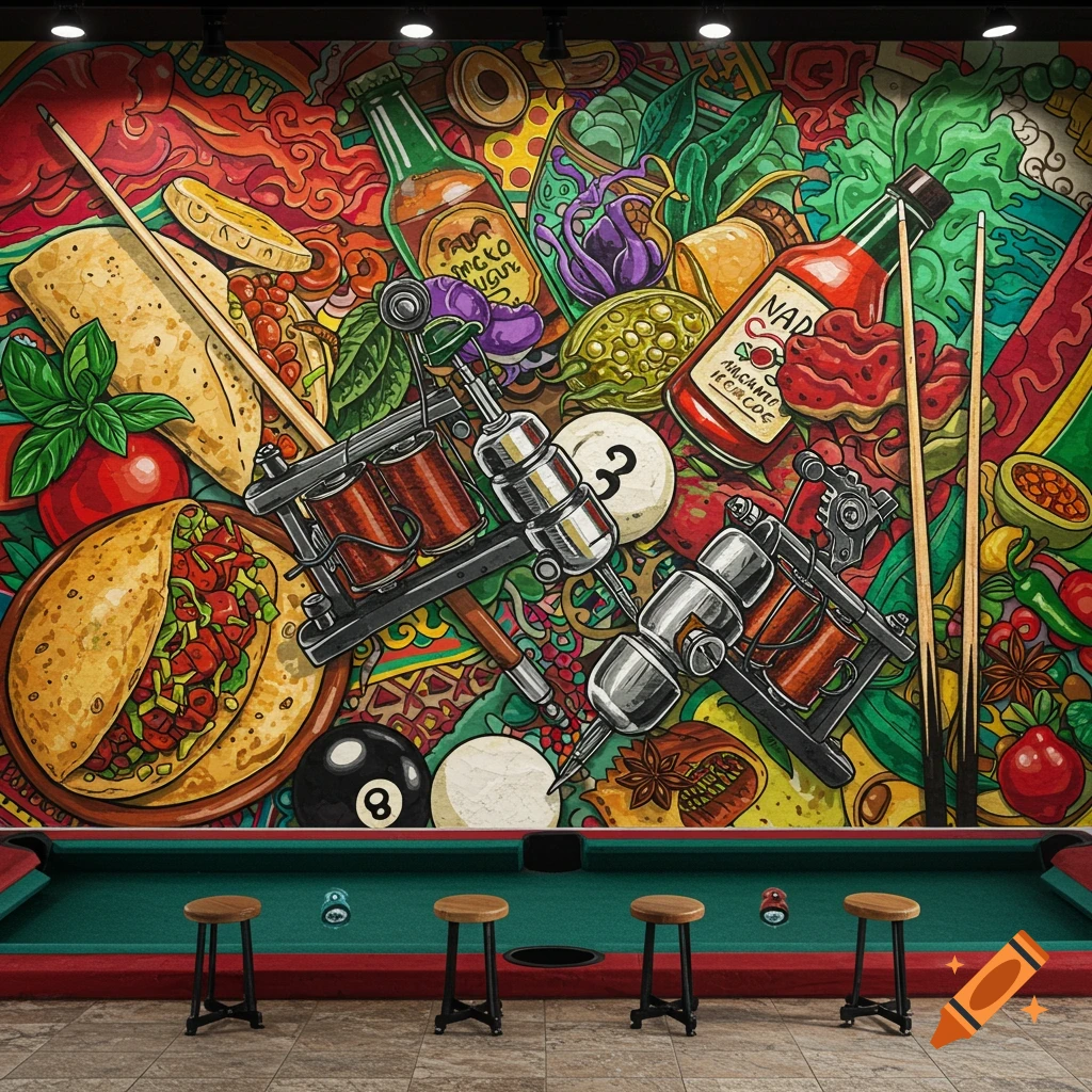A colorful mural with tattoo machines, food items, bottle labels, and billiards balls above a pool table with stools.