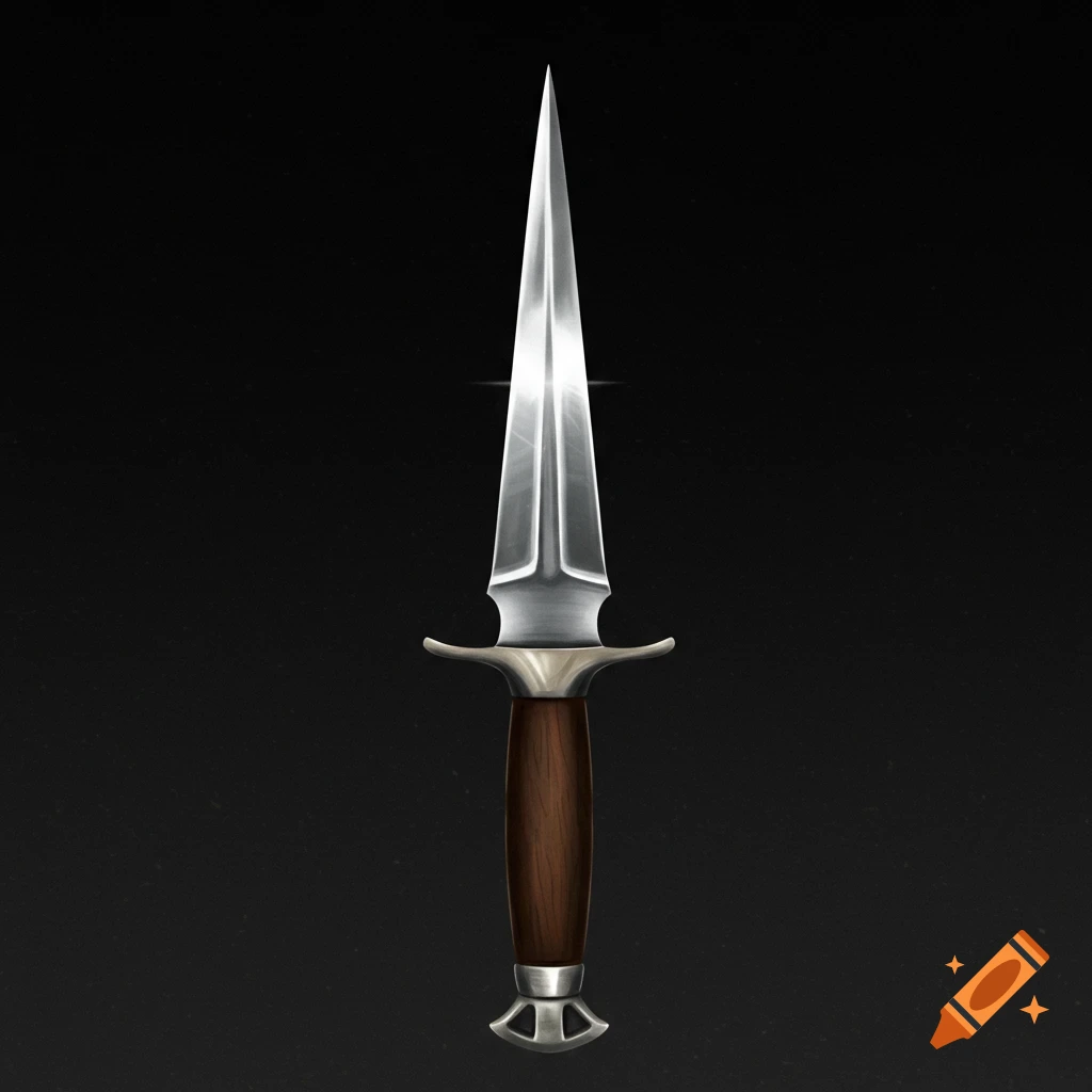 A pointy silver dagger with a wooden handle on a black background.