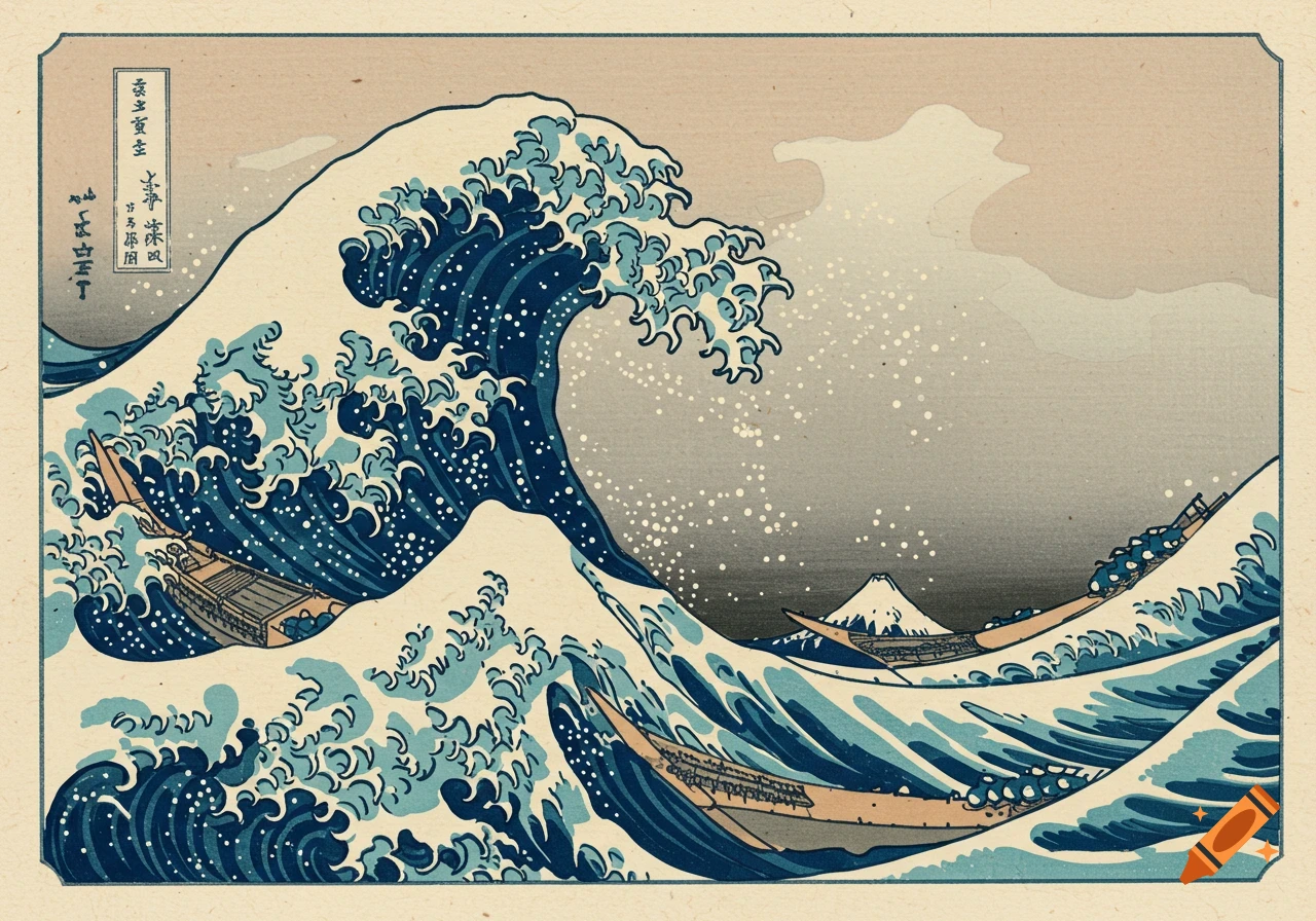 Ukiyo-e woodblock print of a massive wave cresting over boats with Mount Fuji in the background.