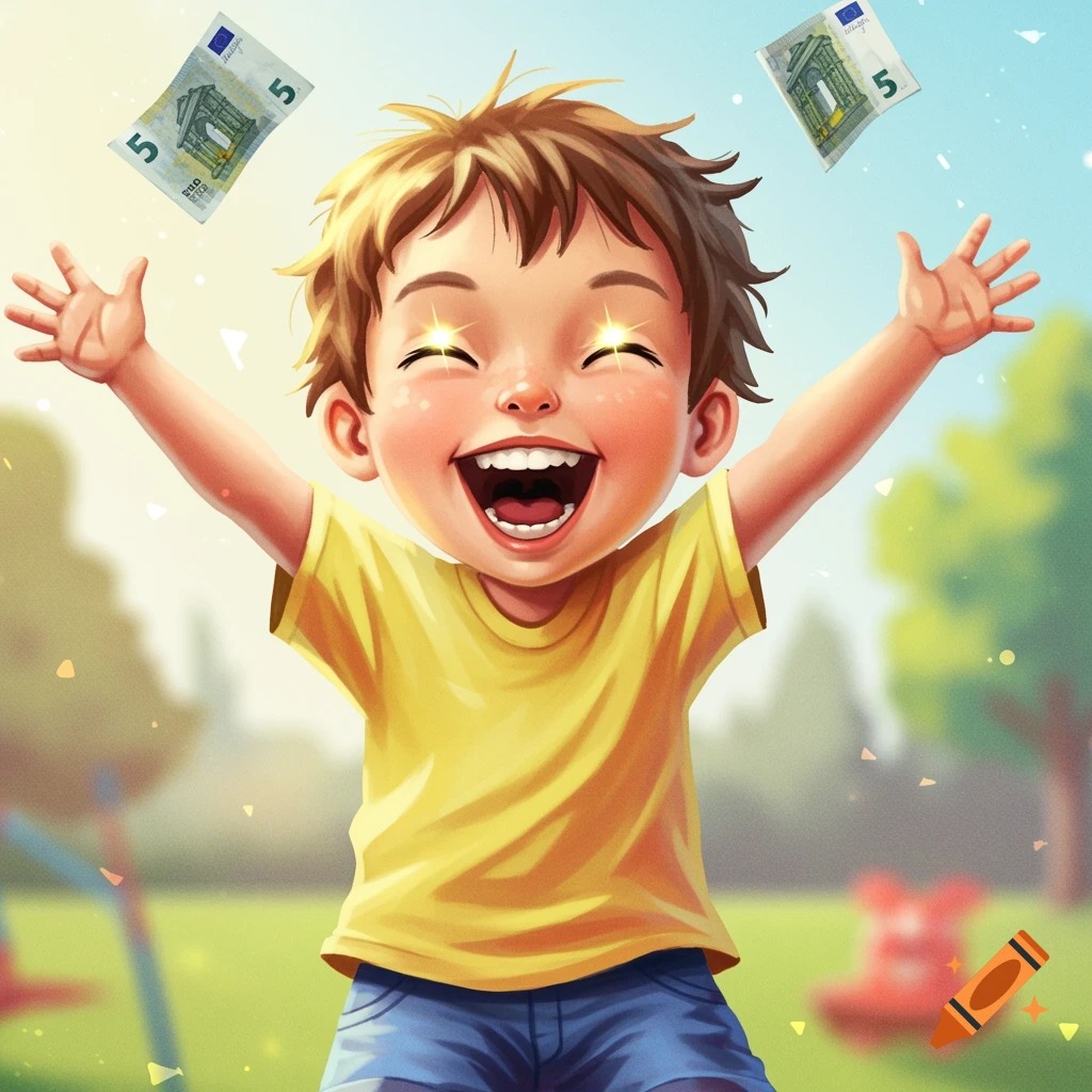 Happy child with arms raised, looking at 5 Euro banknotes falling, illustration