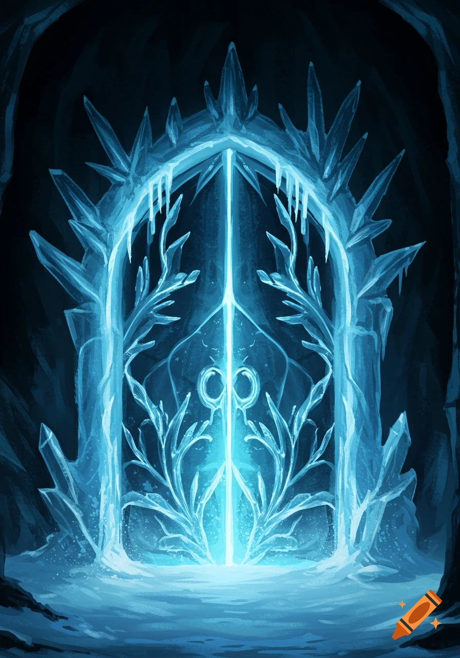 A glowing blue ice door in a dark cave, digital painting style.