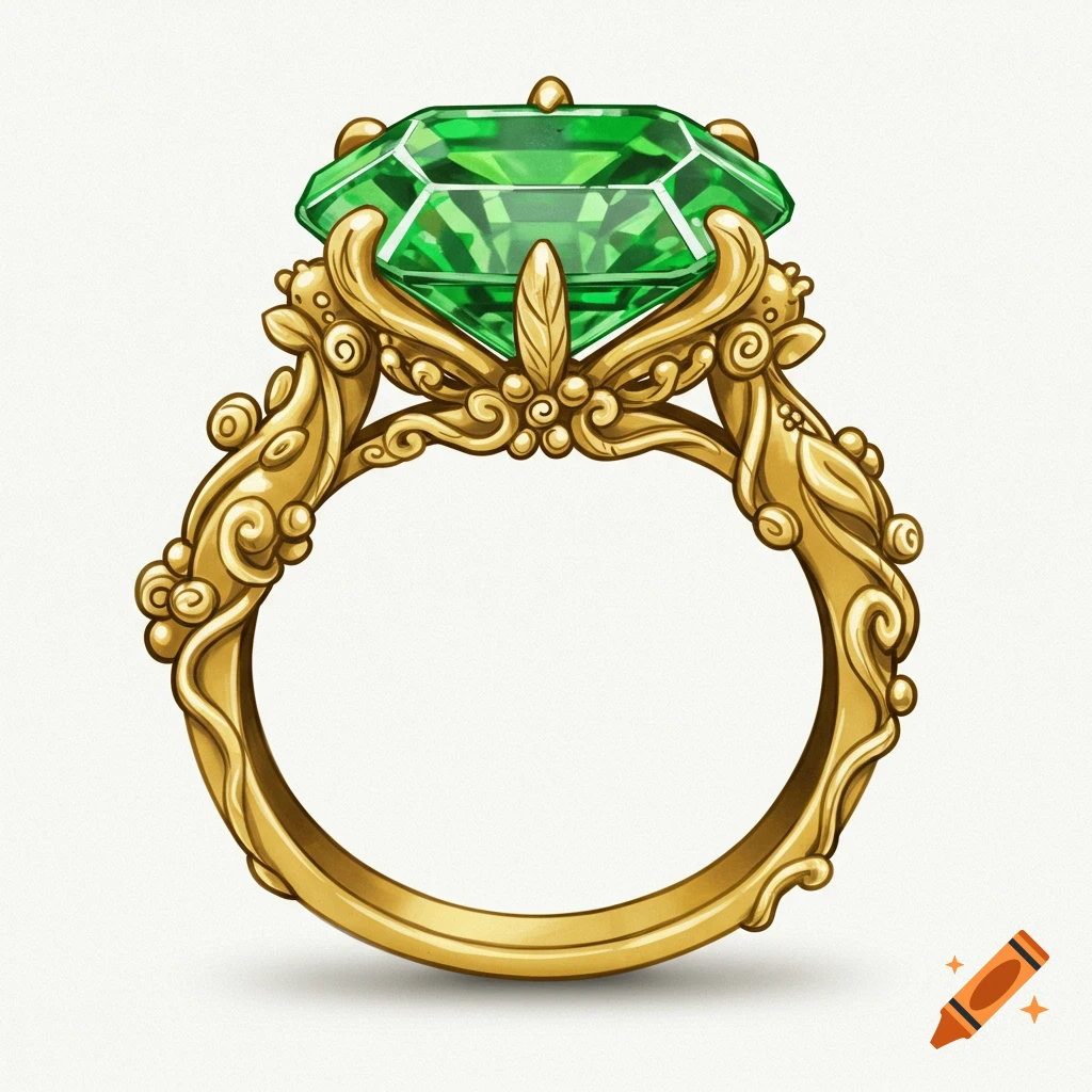 A gold ring with a large green emerald stone and ornate, whimsical setting.