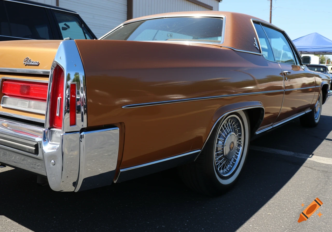 Rear view of a brown classic Cadillac car with wire wheels parked outdoors.