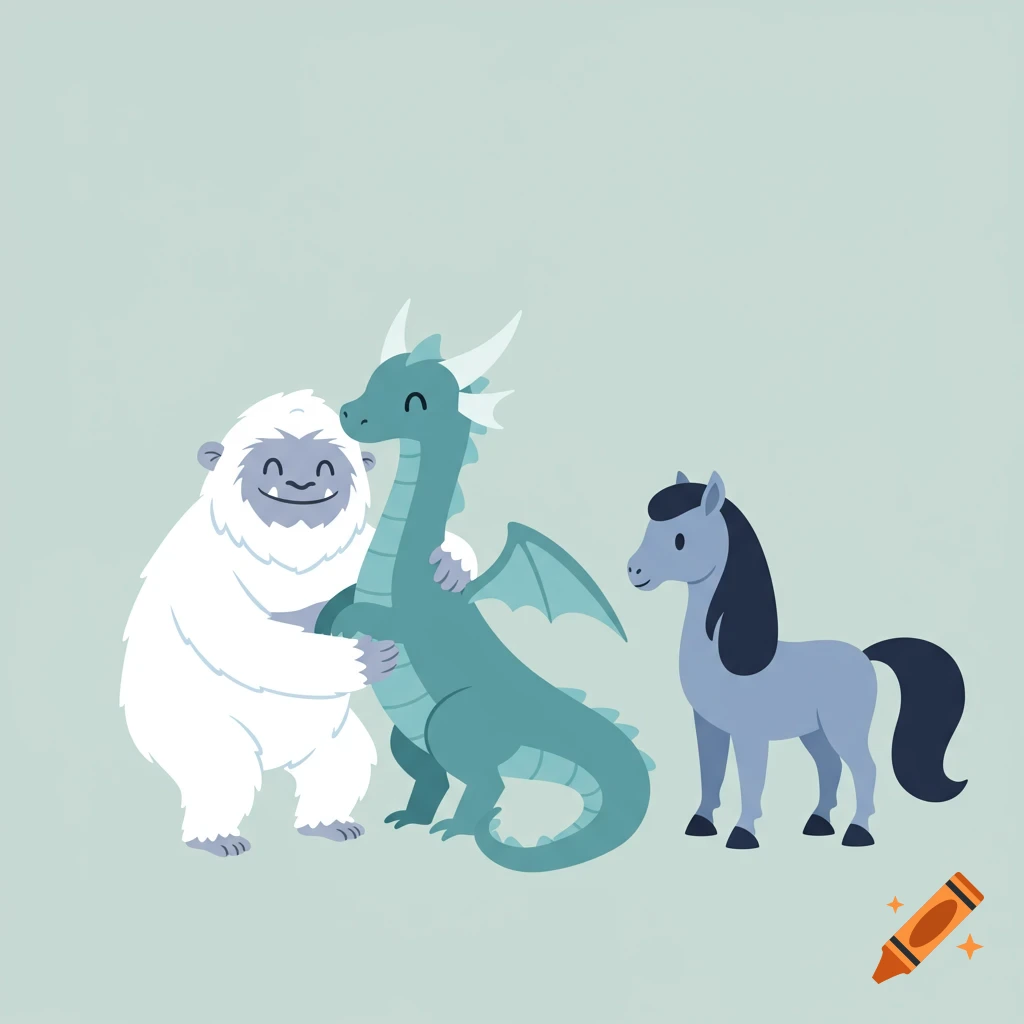 A yeti hugs a dragon while a kelpie stands nearby in a minimalistic vector illustration.