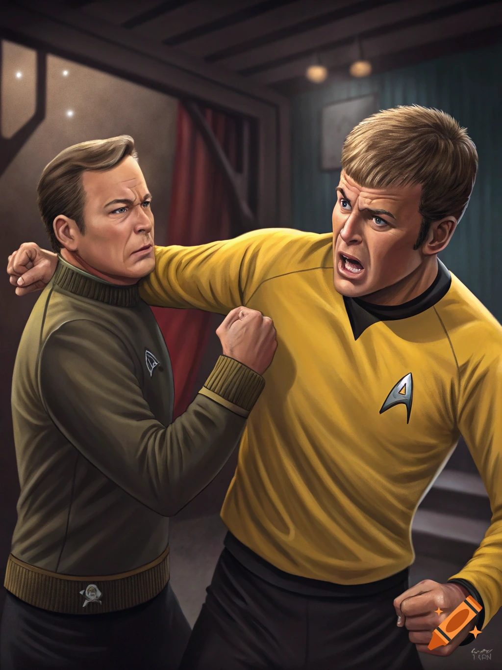 Digital painting of Captain Kirk being punched by another man in a sci-fi uniform.