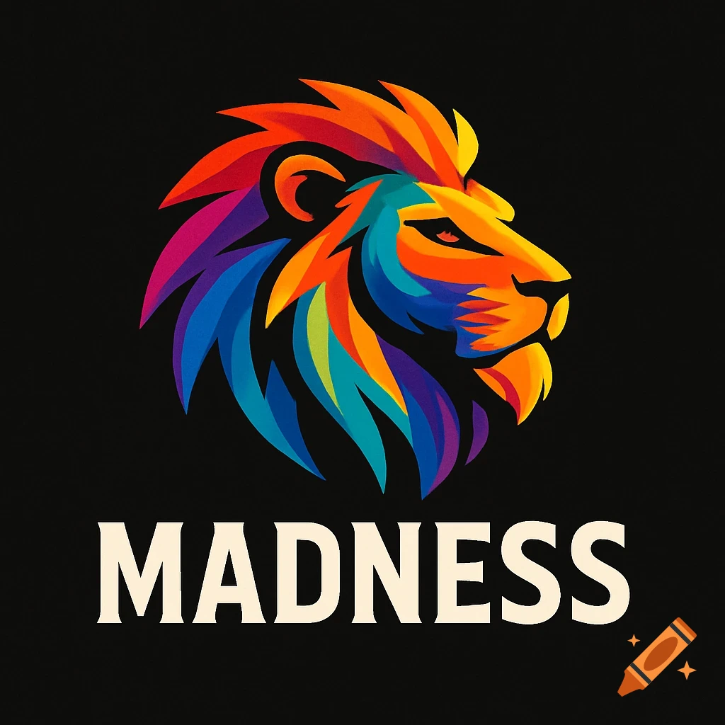 A logo featuring a stylized lion's head with a mane in vibrant colors (red, orange, yellow, green, blue, purple) above the white text "MADNESS" on a black background.