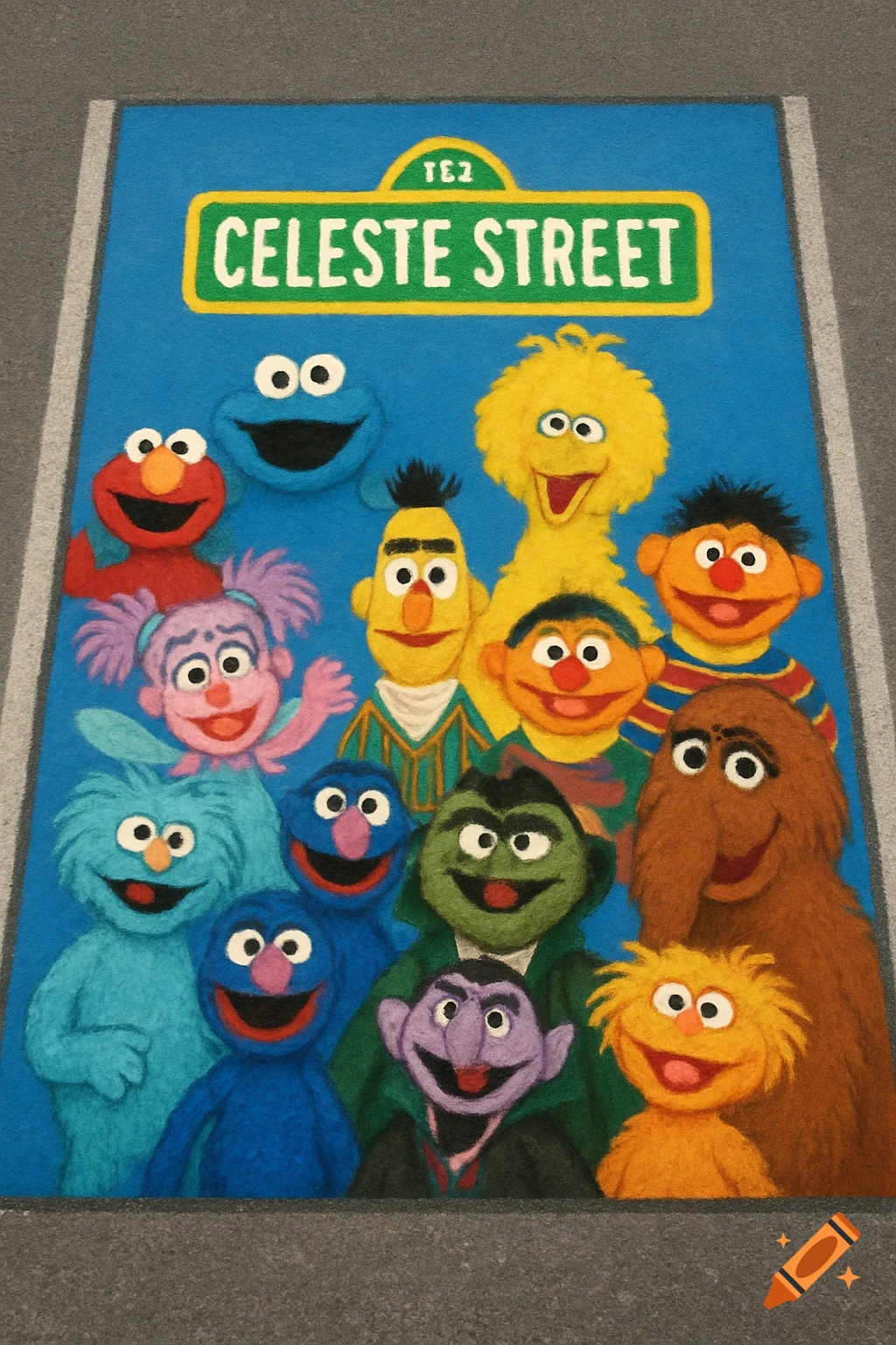 A parking spot painting shows many Sesame Street characters including Elmo, Cookie Monster, and Big Bird, under a 'Celeste Street' sign.