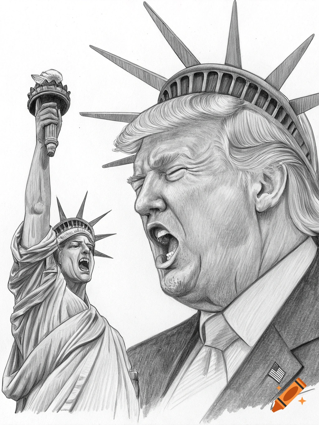 Pencil sketch political cartoon shows large, screaming Donald Trump facing a smaller, frightened Statue of Liberty.