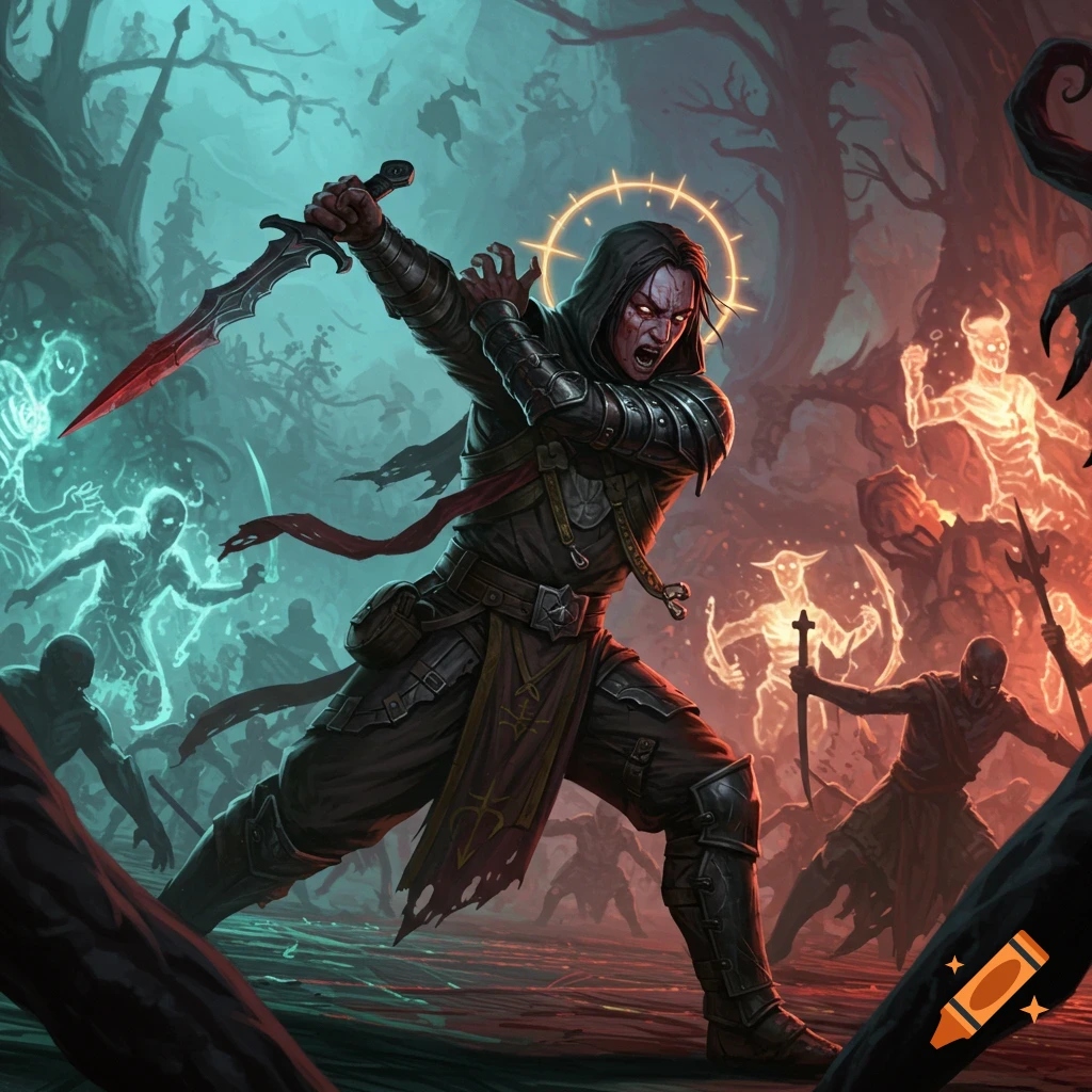 A hooded dark fantasy warrior with a glowing halo swings a sword at spectral enemies in a dark forest.