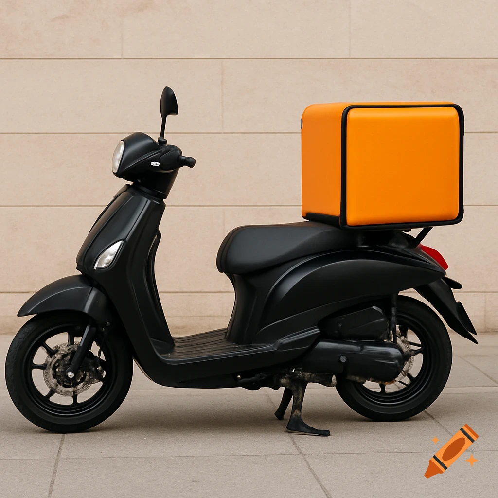Black scooter with an orange delivery box parked on a sidewalk.
