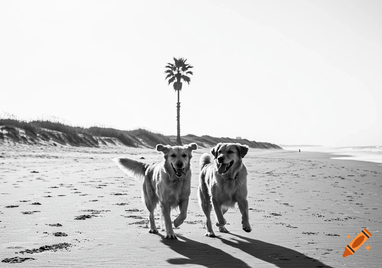 Two golden retrievers run on a beach with a palm tree in the background in a black and white photo.