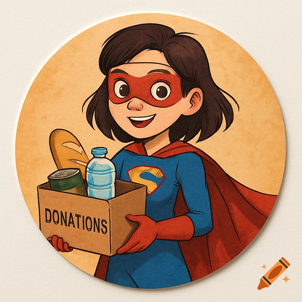 Cartoon superhero girl holding a box labeled DONATIONS.