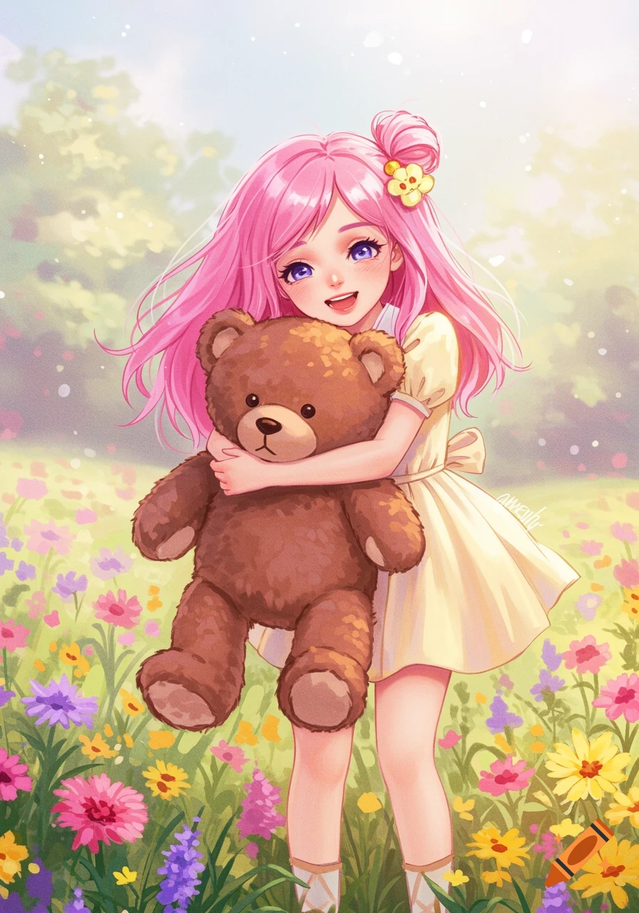 Cute anime girl with pink hair hugging a teddy bear in a field of colorful flowers.