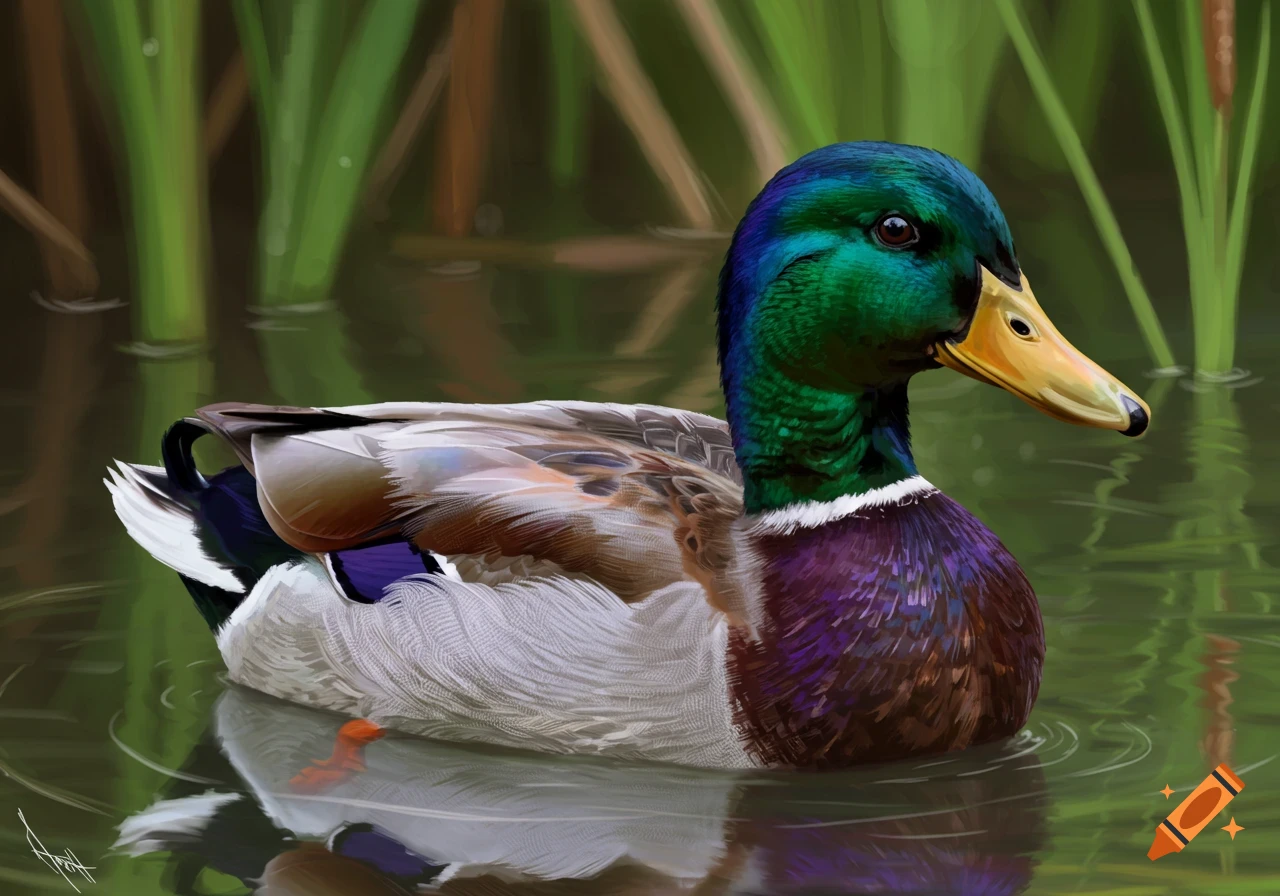 Close-up digital painting of a mallard duck floating on water.
