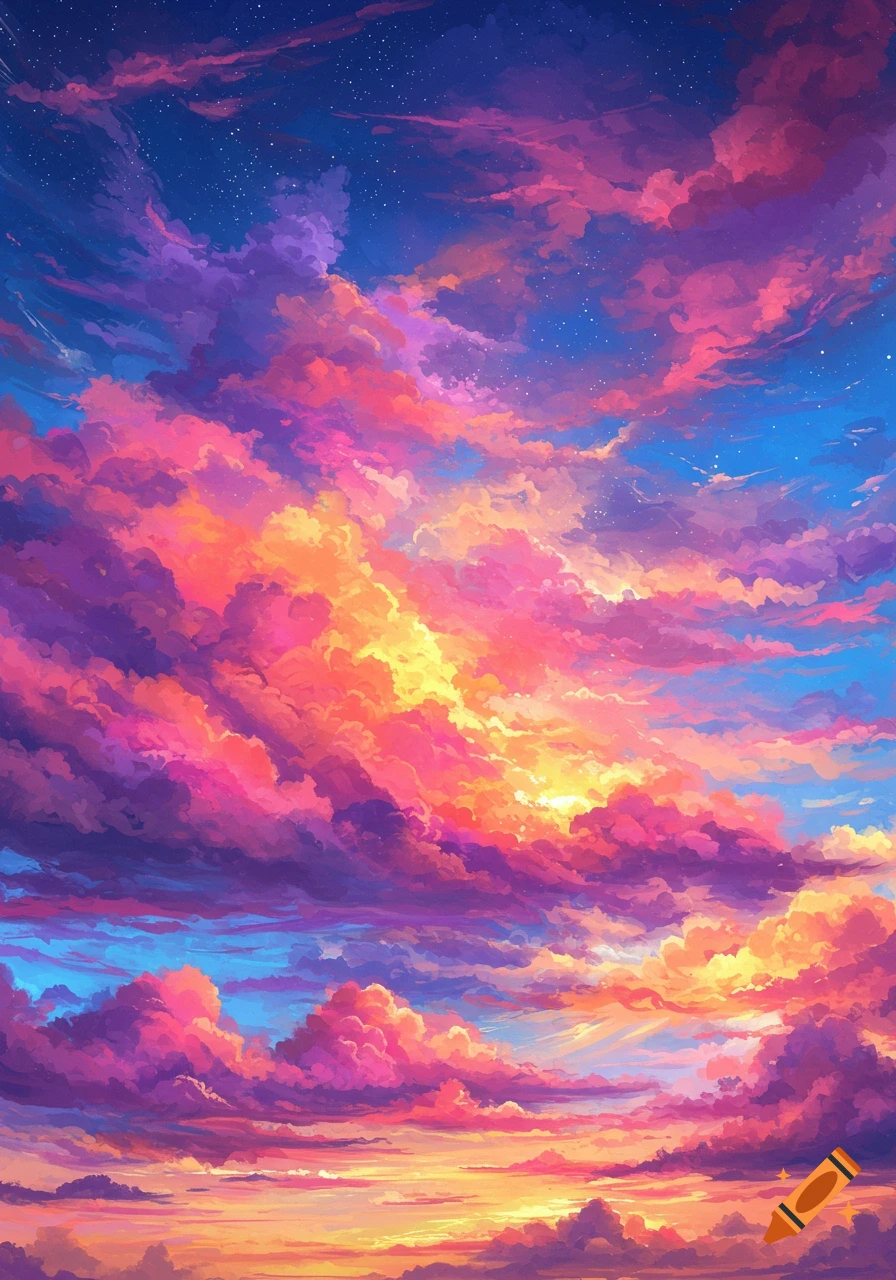 Vibrant, colorful clouds fill a sky with scattered stars in a digital painting style.