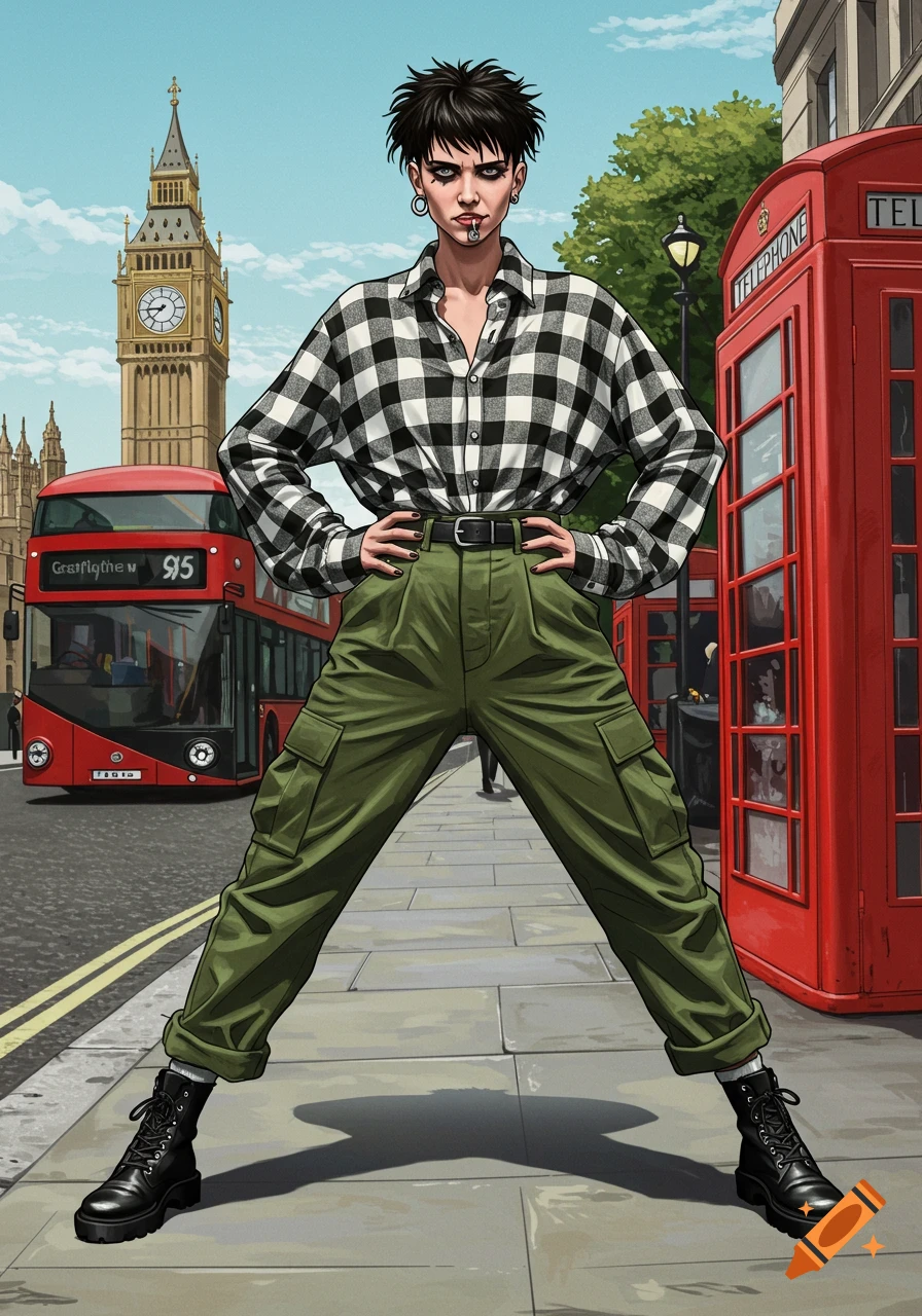 An illustration of an androgynous person in a plaid shirt and cargo pants standing on a London street with Big Ben and a red bus.
