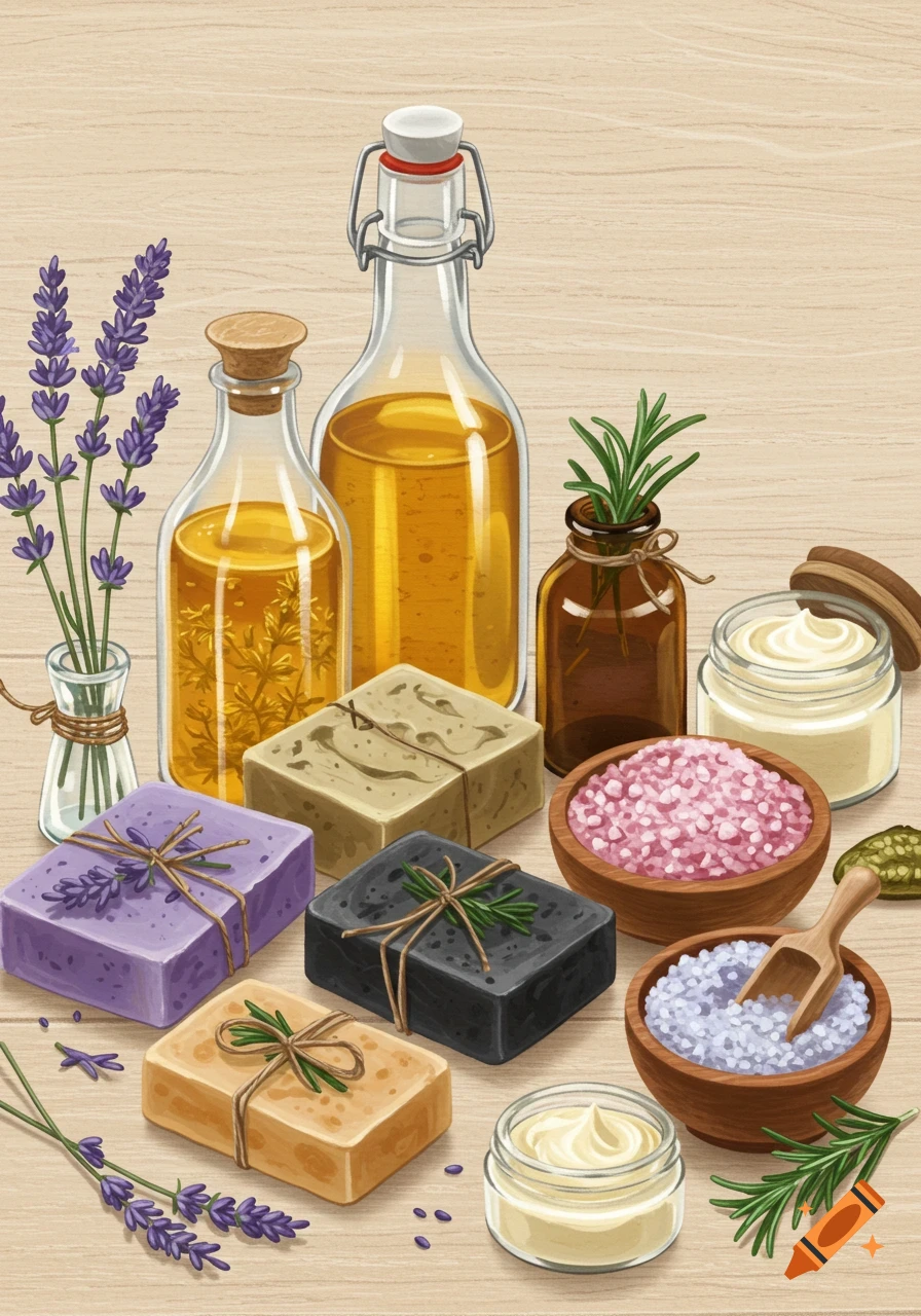 Still life of various natural hygiene and skincare products including soap bars, oils, salts, and herbs on a wooden background.