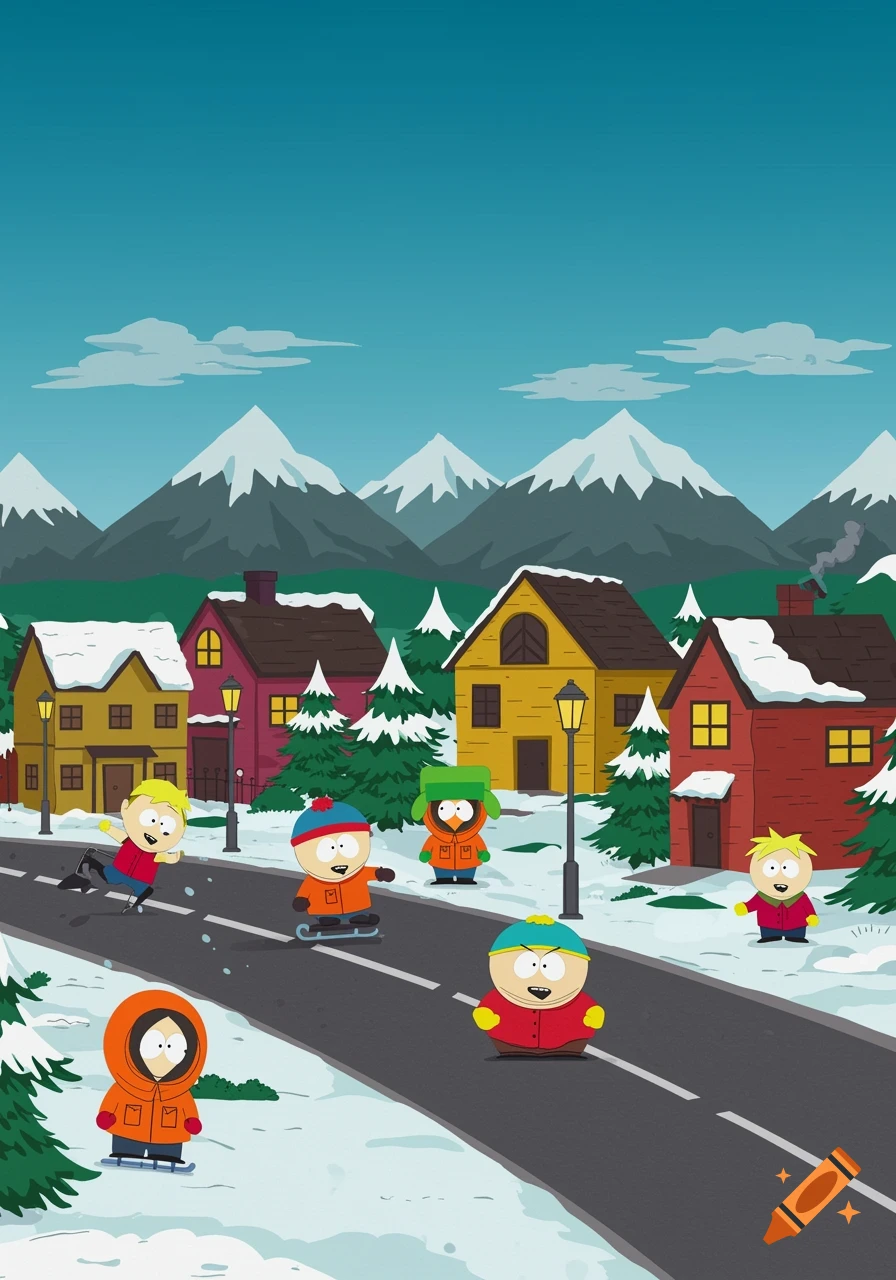 South Park characters playing in the snow in a cartoon town.