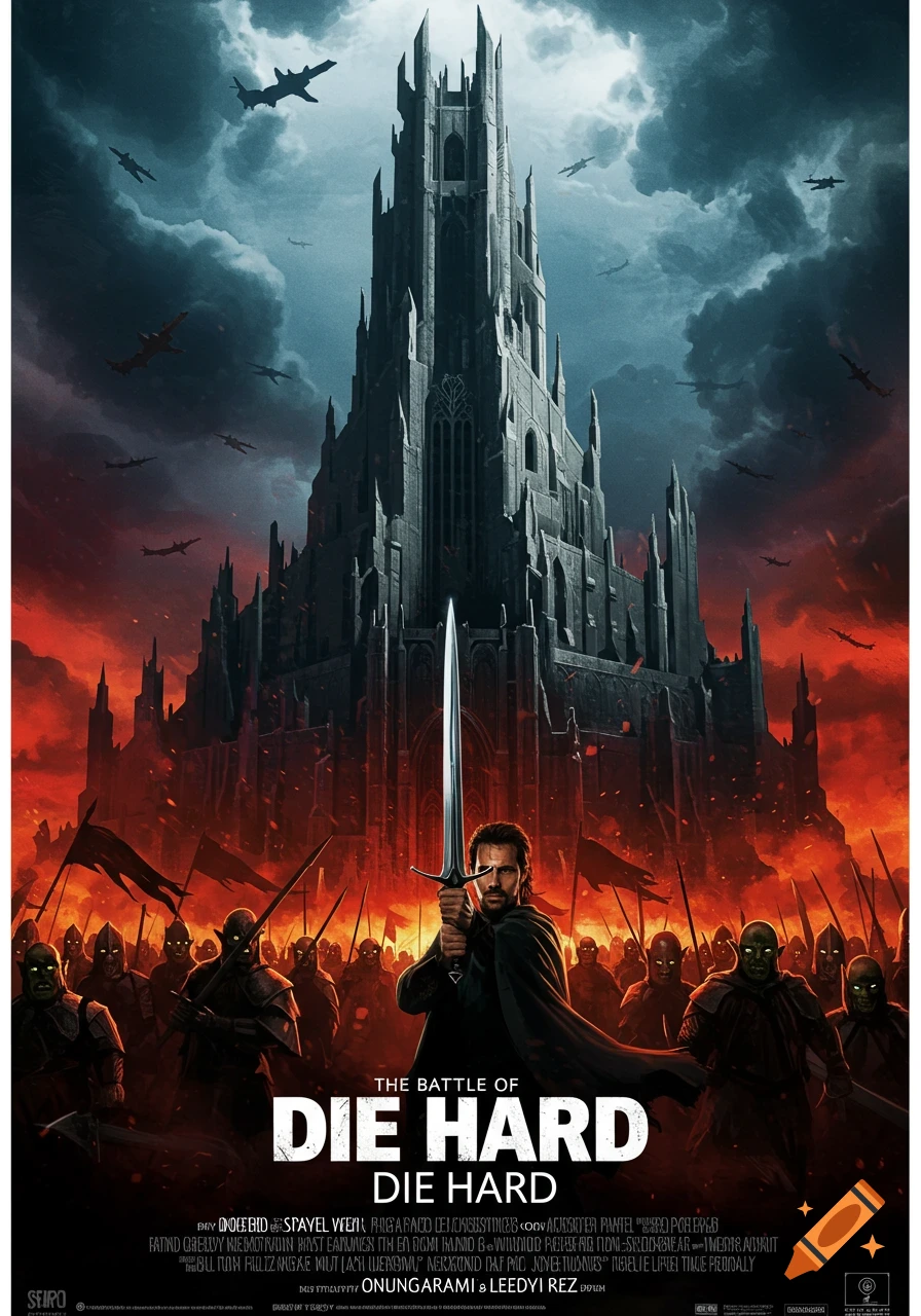 Fantasy movie poster combining Die Hard and Lord of the Rings themes. A figure holds a sword before a dark castle, an army of creatures, and fighting aircraft.
