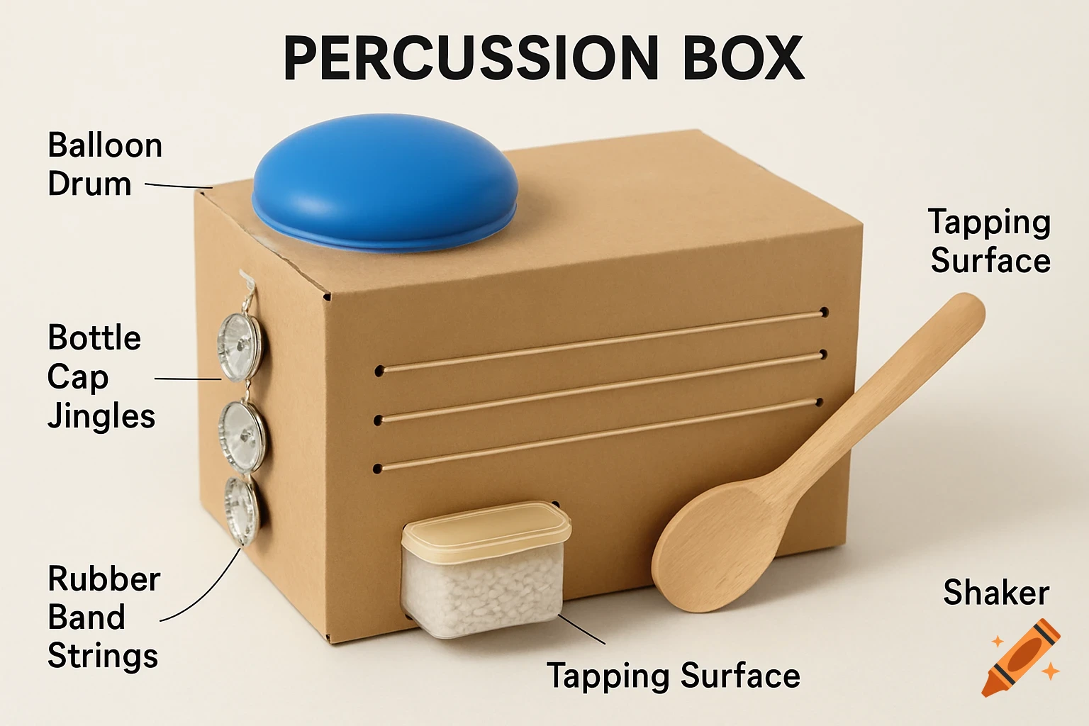 A DIY percussion box craft made from a cardboard box, labeled with its different musical parts like balloon drum and rubber band strings.
