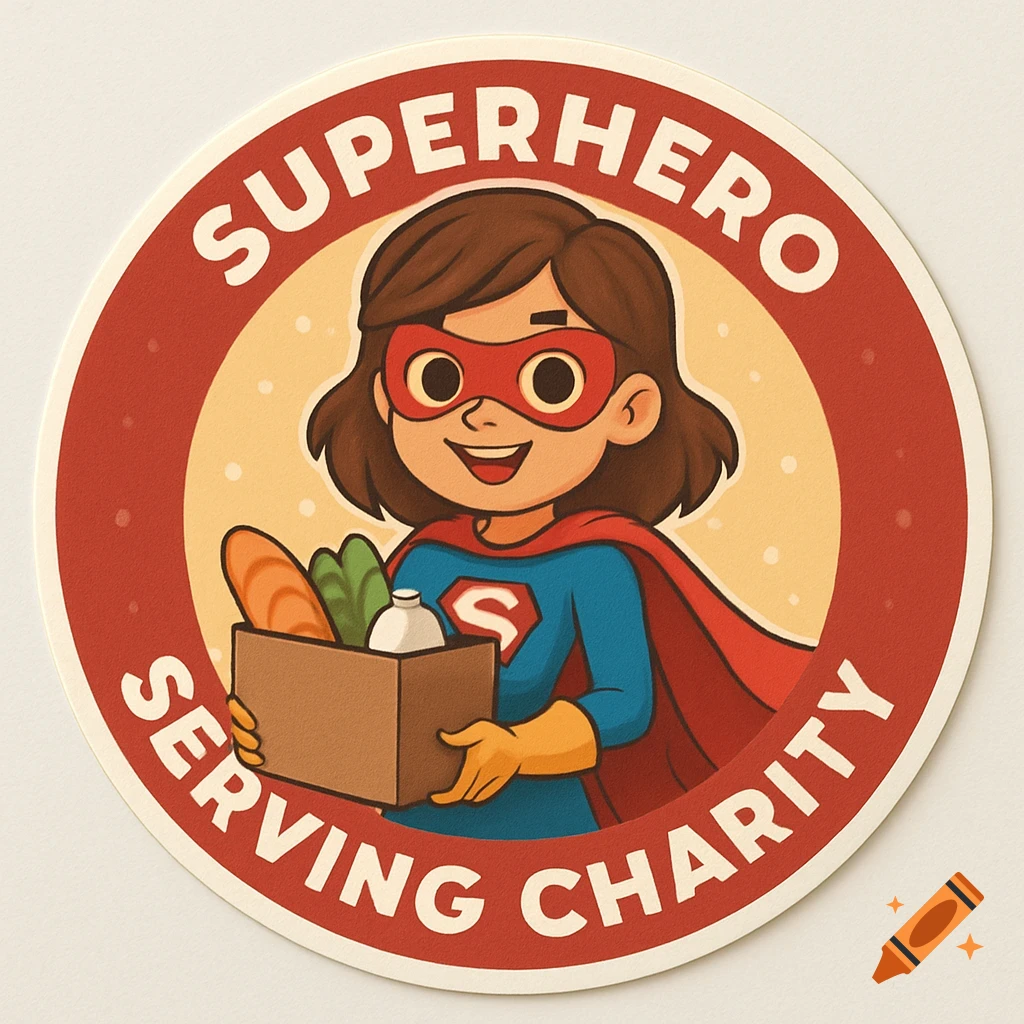 Cartoon superhero girl holding a box of groceries inside a round sticker with text