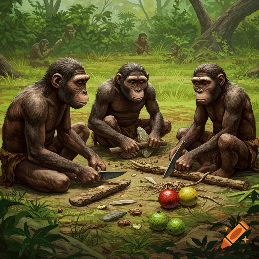 Illustration of early hominids using stone tools to cut roots and fruits in a forest setting.