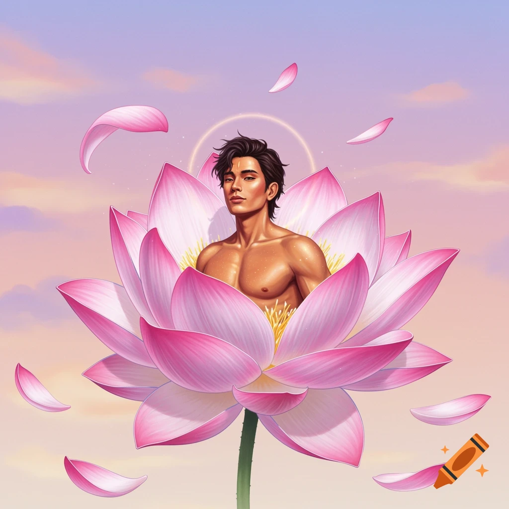 An artistic illustration of a man emerging from a pink lotus flower against a pastel sky with falling petals.