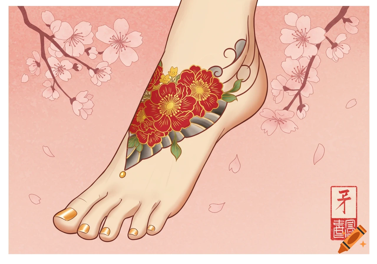 A foot with a colorful Japanese-style flower tattoo and cherry blossoms in the background.
