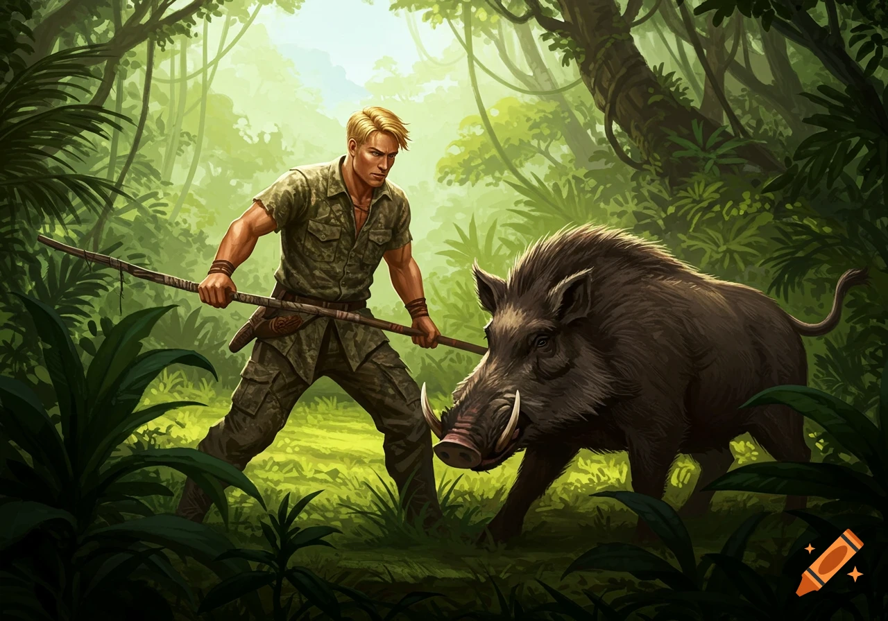 Illustration of a man with a spear facing a boar in a jungle.