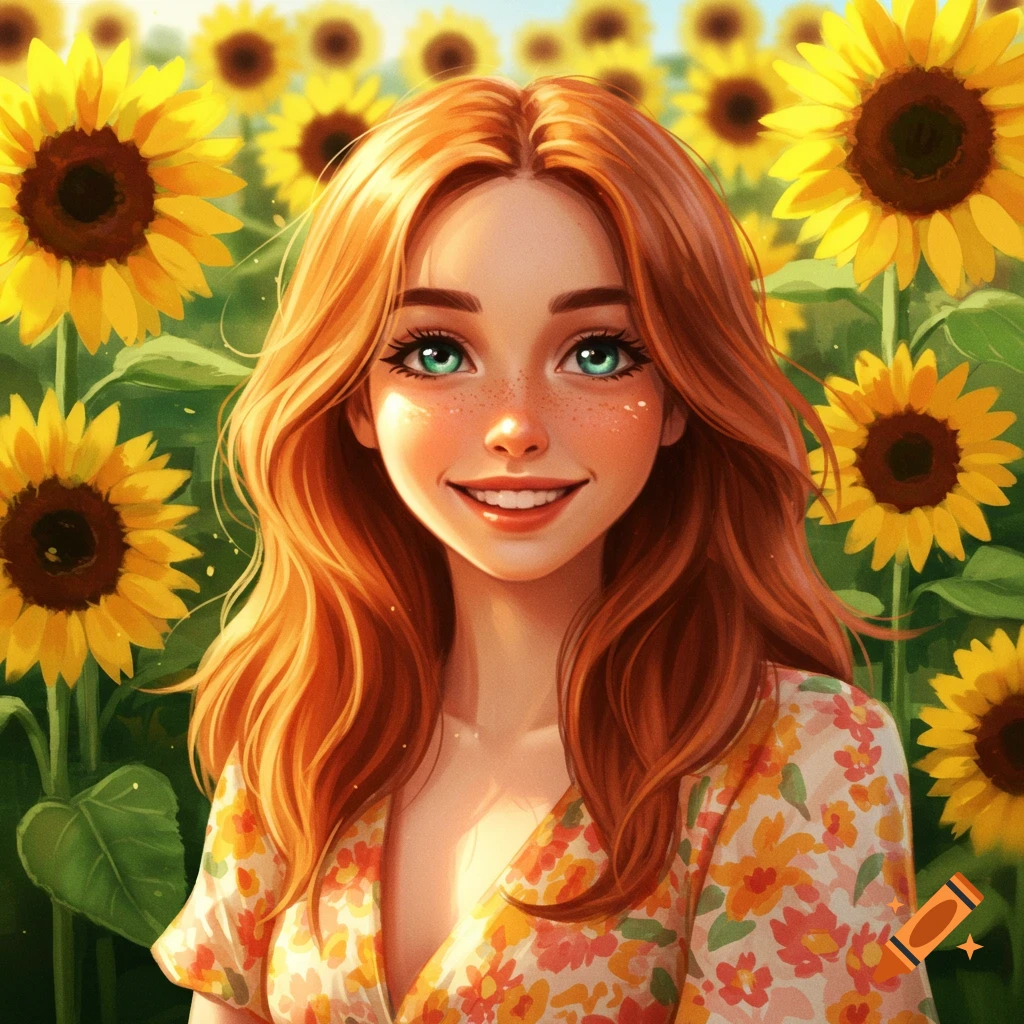 Stylized portrait of a smiling young woman with red hair and green eyes in a field of sunflowers.
