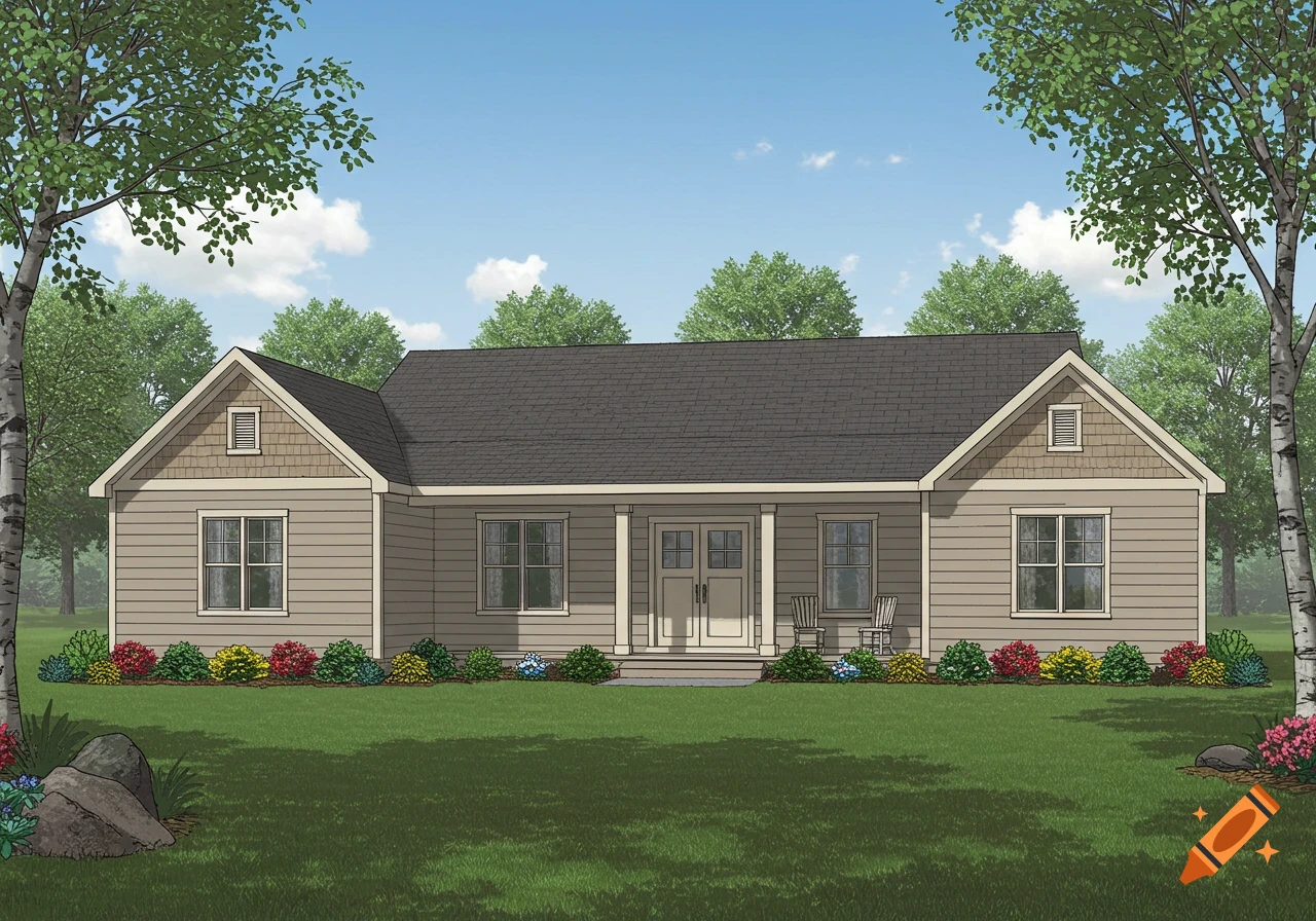 A rendered illustration of a one-story farmhouse with a front porch, windows, and landscaping.